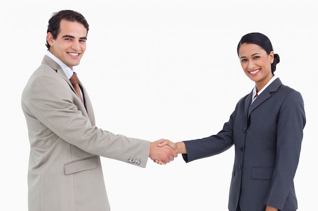 Side view of smiling business partners shaking hands