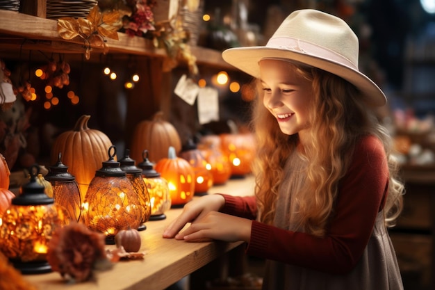 Side view of smiling girl admiring Halloween lanterns in souvenir store