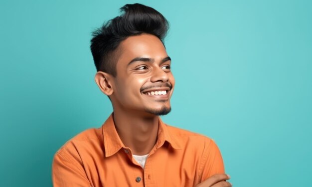 으로 보기: 웃는 행복한 젊은 인디언 남자가 오렌지색 색 셔츠를 입고, 색 티셔츠를 착용하고, 손을 고, 접어 놓은 모습, 평평한 파스텔, 밝은 파란색, 시안색 배경, 스튜디오 초상화, 라이프 스타일 컨셉.