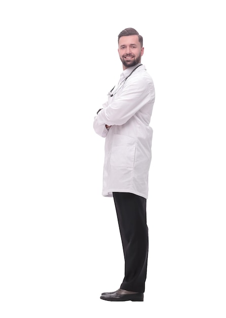 Side view smiling medical doctor looking at copy space