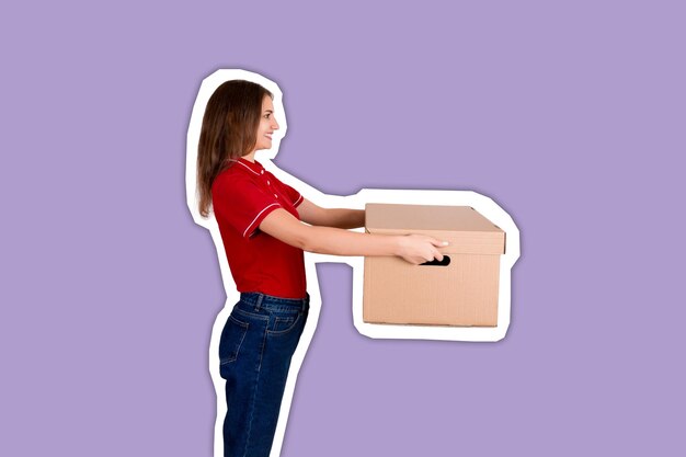Photo side view of smiling young woman holding cardboard box against purple background