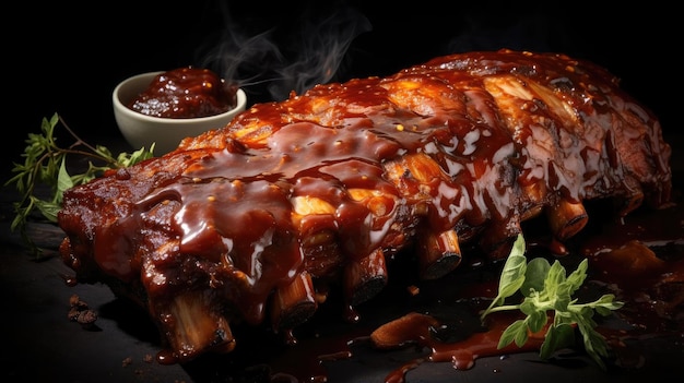 Side View of smoky barbeque ribs with barbeque sauce and chopped vegetables on a wooden table