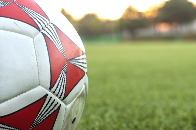 Side view of a soccer ball on the grass with copy space low\
angle of a soccer ball on the grass with room for text