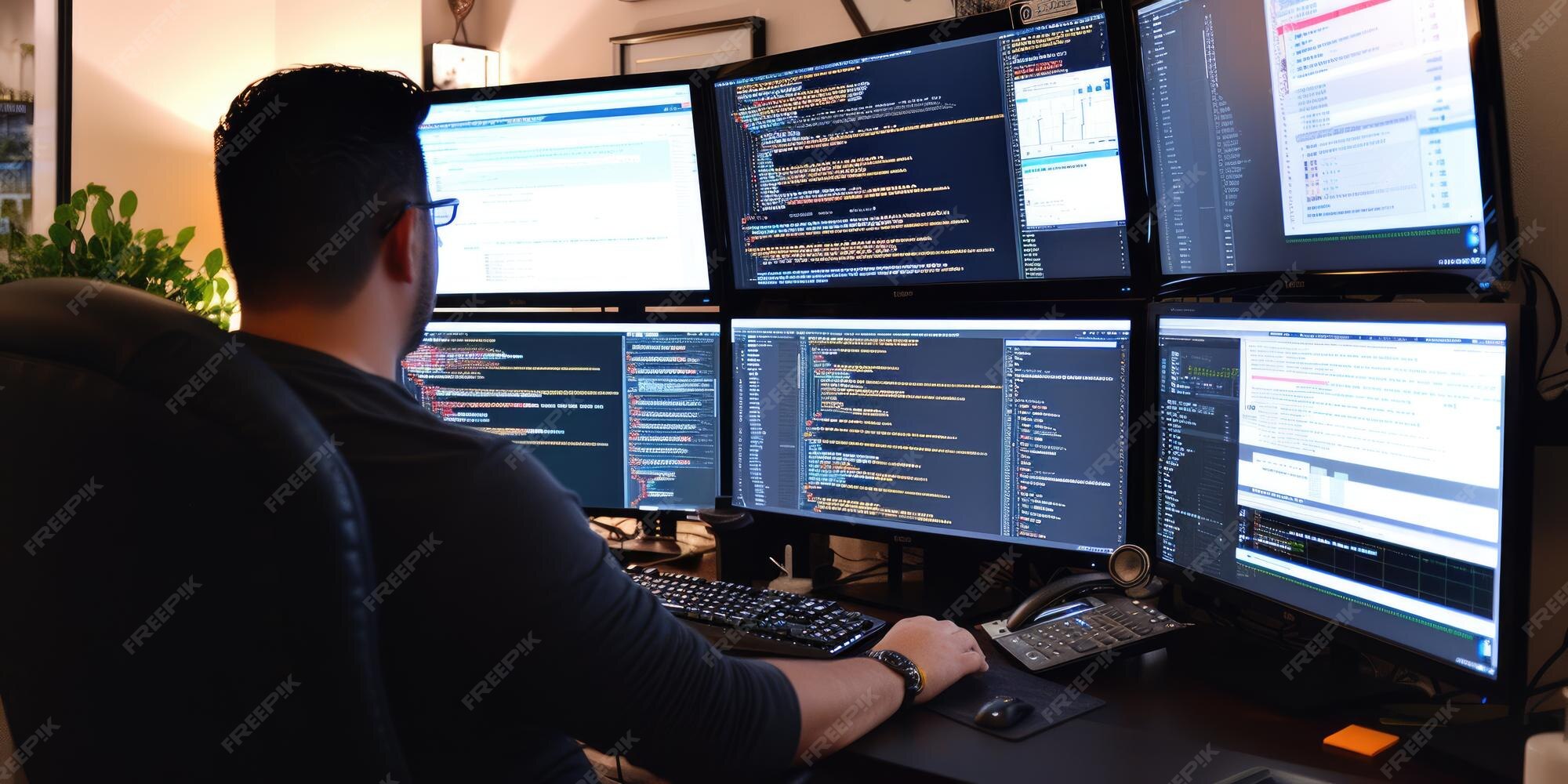 Side view of software developer coding program or engineering prompt ...