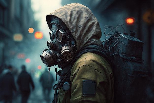 Side view of stalker man wearing gas mask hooded jacket and backpack standing in the city Generative AI