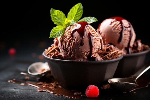 Foto vista laterale di palle di gelato alla fragola e al cioccolato in un vaso di vetro decorato con menta