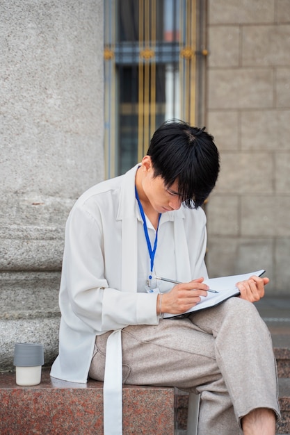 Photo side view student learning outdoors