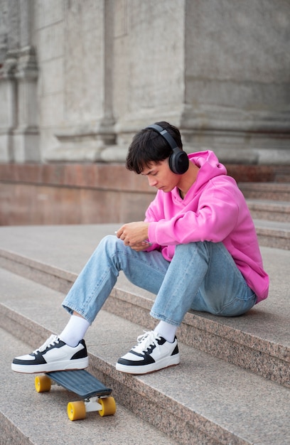 Side view student with skateboard outdoors