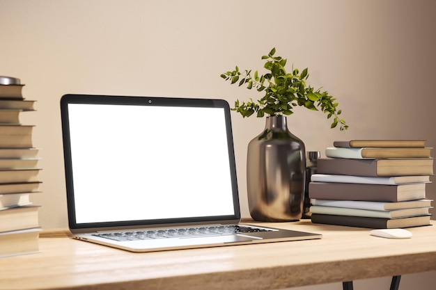 Side view of student wooden desk with white screen laptop and a lot of books on beige wall background in modern cozy interior with lamp and plant mockup Education and learning concept 3D Rendering