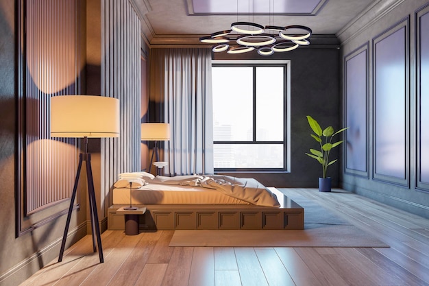 Side view on stylish bedroom with foggy city view from big window modern chandelier dark decorated walls and comfortable floor bed between vintage torchers on wooden floor 3D rendering