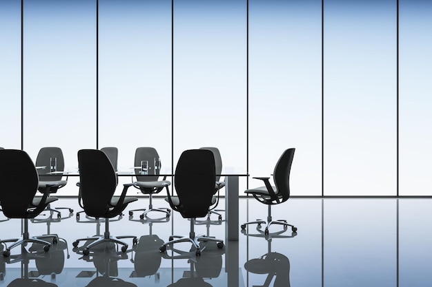 Side view on stylish conference table surrounded by dark chairs in empty spacious office with mat walls and glossy floor with reflection 3D rendering