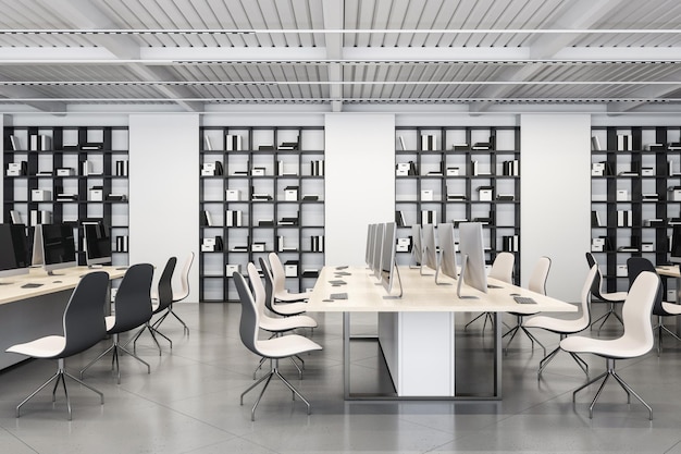 Side view on stylish open space office with modern computers on
light wooden work tables light chairs on concrete glossy floor and
huge book case on white wall background 3d rendering