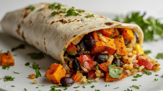 Side view of Sweet Potato and Black Bean Burrito against a white backdrop