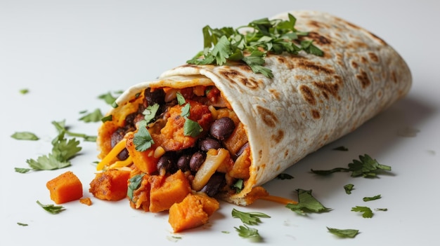 Side view of Sweet Potato and Black Bean Burrito against a white backdrop