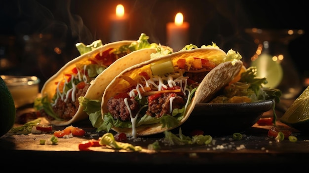 Side View of tacos filled with vegetables meat and melted mayonnaise