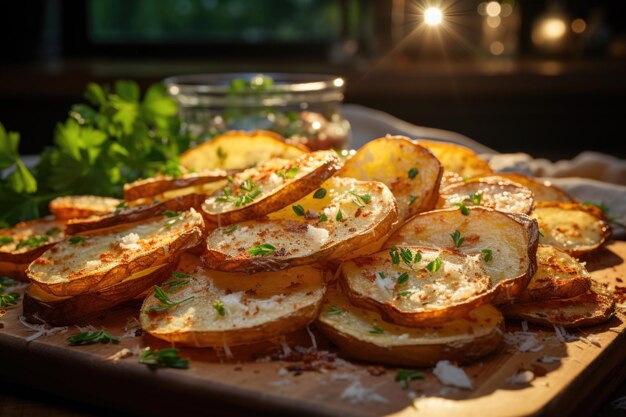 Foto vista laterale di gustose patatine tagliate in fette di patate sulla tavola di legno nell'ia generativa