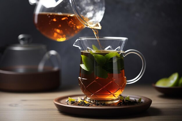 Side view of tea pouring into armudu glass