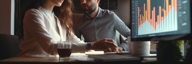 Side view of trader working on computer monitors in modern office Forex trading conceptgenerative ai