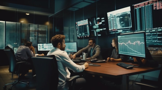 Side view of trader working on computer monitors in modern office Forex trading conceptgenerative ai