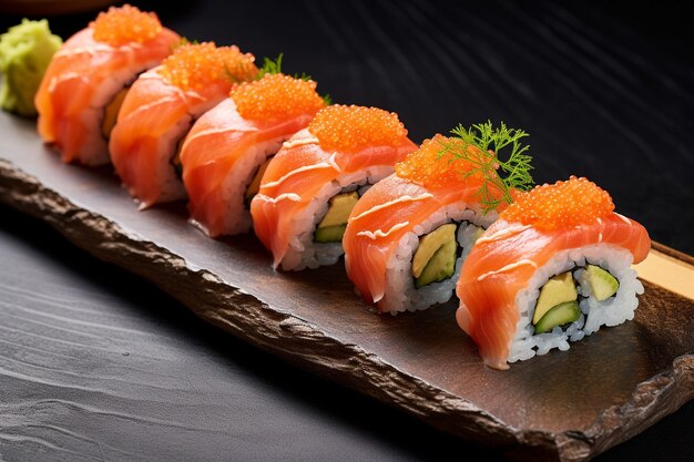 Side view of traditional japanese cuisine sushi roll with tuna served with ginger on green