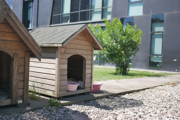 Photo side view of two empty wooden cat houses