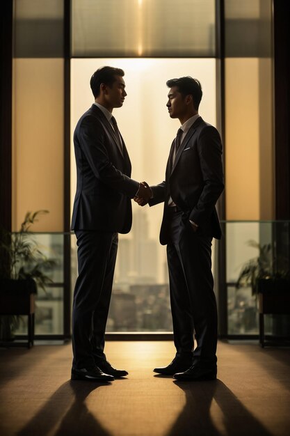 Photo side view of the two silhouette businessmen handshake in the office