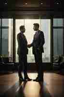 Photo side view of the two silhouette businessmen handshake in the office