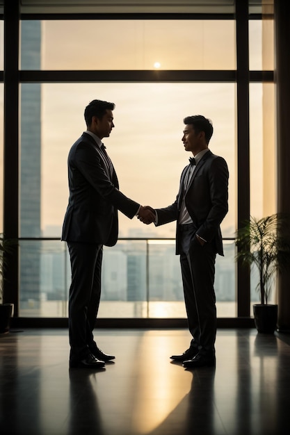 Photo side view of the two silhouette businessmen handshake in the office