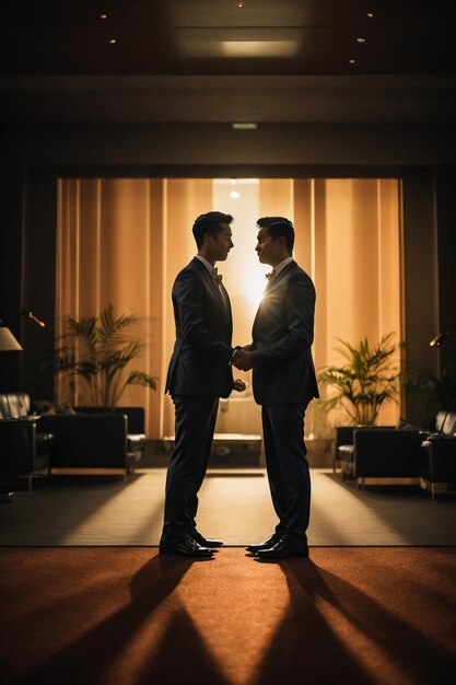 Photo side view of the two silhouette businessmen handshake in the office