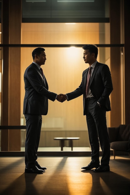 Side view of the two silhouette businessmen handshake in the office