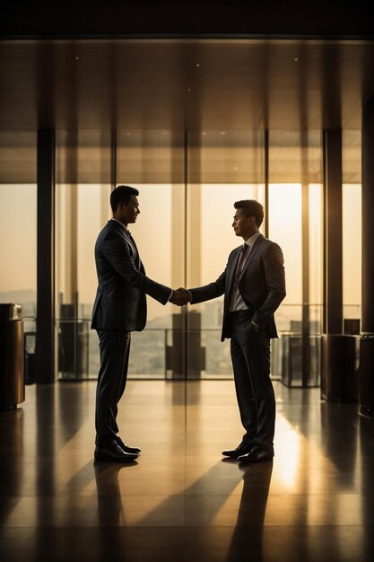 Side view of the two silhouette businessmen handshake in the office