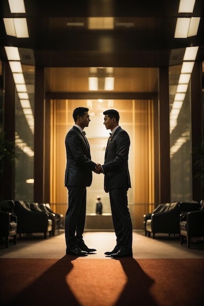 Side view of the two silhouette businessmen handshake in the office