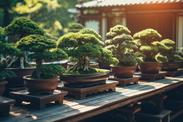 Side view van bonsai bomen in potten buiten op een zonnig ochtendlicht