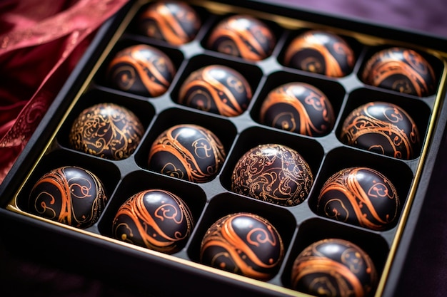 Side view versierde chocolade snoep in een zwarte gouden doos
