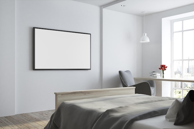 Side view of a white bedroom with a TV set on a white wall and a gray blanket bed. 3d rendering mock up