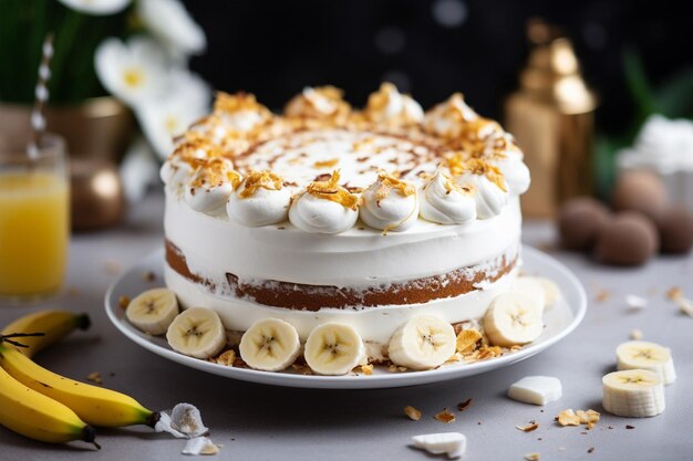 Side view of white cake decorated with melted white chocolate whipped cream and bananas on the table