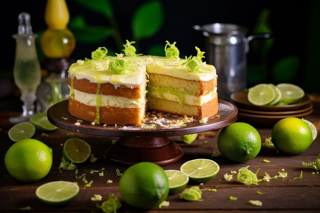 색 케이크 의 면 모습 은 녹은 색 초콜릿 휘프 크림 과 테이블 에 있는 바나나 로 장식 되어 있다