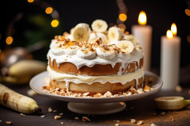 Side view of white cake decorated with melted white chocolate whipped cream and bananas on the table