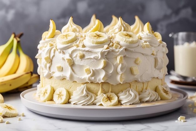 Foto vista laterale di una torta bianca decorata con crema battuta di cioccolato bianco fuso e banane sul tavolo