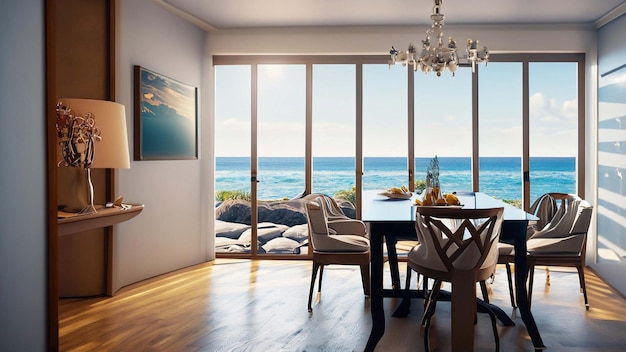 Side view of white dining room with picture