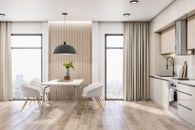 Vista laterale sul tavolo da pranzo bianco e sedie in una spaziosa ed elegante cucina con pavimento in legno e parte della parete, grande vista sulla città dalla grande finestra e set da cucina leggero e soffitto, rendering 3d