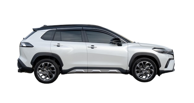 side view of white hatchback car isolated on white background with clipping path