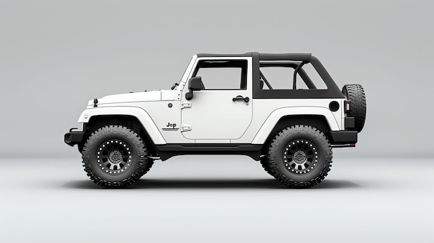 Photo side view of a white offroad vehicle with black wheels and a black top