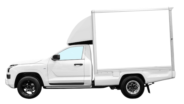 Foto vista laterale piccolo camion frigorifero bianco isolato su sfondo bianco con percorso di ritaglio