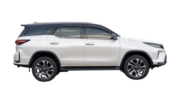 side view of white suv car isolated on white background with clipping path