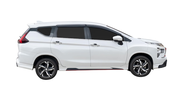 side view of white suv car isolated on white background with clipping path