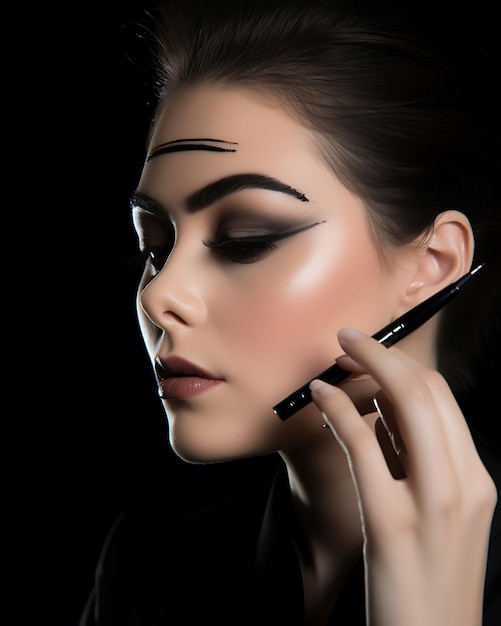 Side view woman applying eyeliner