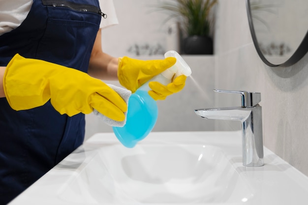 Photo side view woman cleaning home