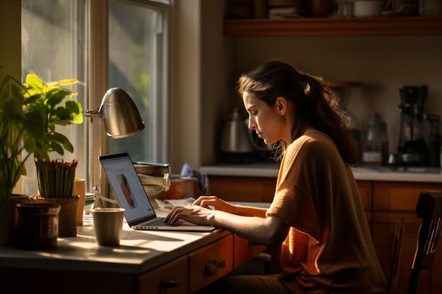 Photo side view of woman at desk working while at home