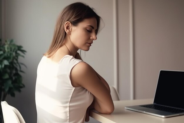 Donna di vista laterale che ha un mal di schiena mentre si lavora da casa